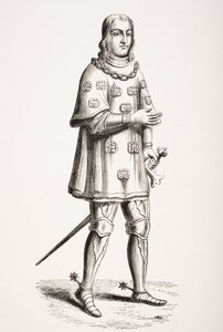 Louis de Mallet afgebeeld in 1487 in oorlogskostuum en toernooi, naar een 16e-eeuwse gravure, uit 